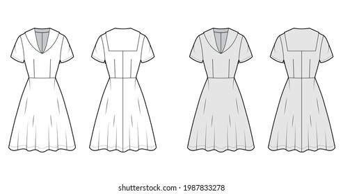 Dress sailor technical fashion illustration with middy collar, short sleeve, fitted body, knee length circular skirt. Flat apparel front, back, white, grey color style. Women, men unisex CAD mockup