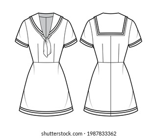 Ilustración técnica de la moda del marinero de vestir con manga corta, cuerpo acoplado, cuello medio, rayas, minifalda de lápiz de longitud. Delantero de ropa plana, espalda, color blanco. Mujeres, hombres unisex CAD mockup