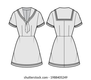 Dress sailor technical fashion illustration with short sleeve, fitted body, middy collar, stripes, mini length pencil skirt. Flat apparel front, back, grey color style. Women, men unisex CAD mockup