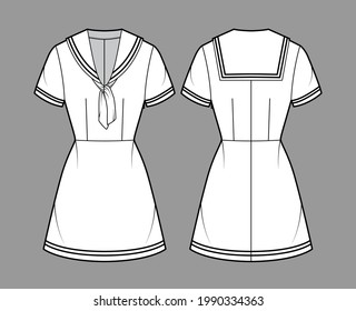 Dress sailor technical fashion illustration with short sleeve, fitted body, middy collar, stripes, mini length pencil skirt. Flat apparel front, back, white color style. Women, men unisex CAD mockup