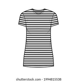 Dress sailor technical fashion illustration with stripes, short sleeves, oversized body, mini length pencil skirt. Flat apparel front, grey color style. Women, men unisex CAD mockup