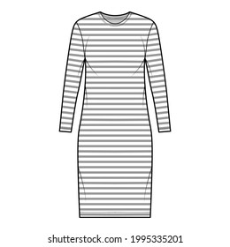 Dress sailor technical fashion illustration with stripes, long sleeves, oversized body, knee length pencil skirt. Flat apparel front, white color style. Women, men unisex CAD mockup