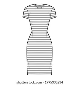 Dress sailor technical fashion illustration with stripes, short sleeves, fitted body, knee length pencil skirt. Flat apparel front, white color style. Women, men unisex CAD mockup