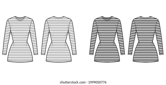 Dress sailor technical fashion illustration with stripes, long sleeves, fitted body, mini length pencil skirt. Flat apparel front, back, white, grey color style. Women, men unisex CAD mockup