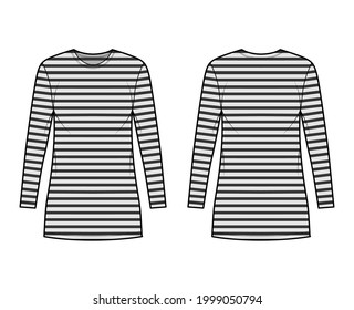 Dress sailor technical fashion illustration with stripes, long sleeves, oversized body, mini length pencil skirt. Flat apparel front, back, grey color style. Women, men unisex CAD mockup