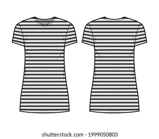 Dress sailor technical fashion illustration with stripes, short sleeves, oversized body, mini length pencil skirt. Flat apparel front, back, grey color style. Women, men unisex CAD mockup