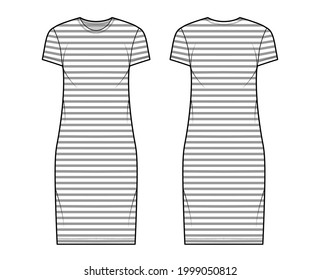 Dress sailor technical fashion illustration with stripes, short sleeves, oversized body, knee length pencil skirt. Flat apparel front, back, white color style. Women, men unisex CAD mockup