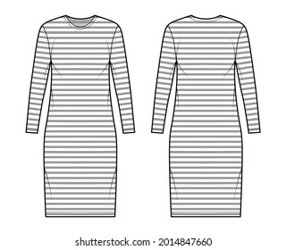 Dress sailor technical fashion illustration with stripes, long sleeves, oversized body, knee length pencil skirt. Flat apparel front, back, white color style. Women, men unisex CAD mockup