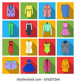Dress, sarafan, coats of women's clothing. Women's clothing set collection icons in flat style vector symbol stock illustration web.
