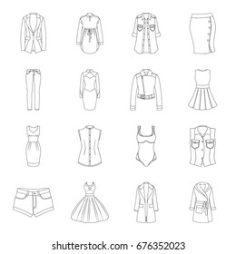 Dress, sarafan, coats of women's clothing. Women's clothing set collection icons in line style vector symbol stock illustration web.
