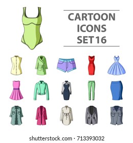 Dress, sarafan, coats of women's clothing. Women's clothing set collection icons in cartoon style vector symbol stock illustration web.