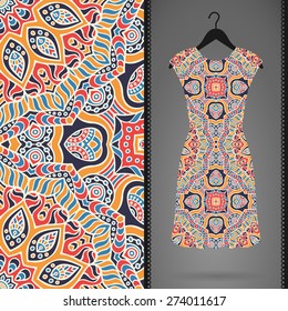 Dress with seamless pattern. Vintage decorative elements. Hand drawn background. Islam, Arabic, Indian, ottoman motifs. Perfect for printing on fabric or paper.