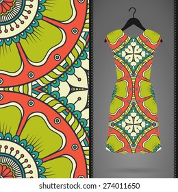 Dress with seamless pattern. Vintage decorative elements. Hand drawn background. Islam, Arabic, Indian, ottoman motifs. Perfect for printing on fabric or paper.