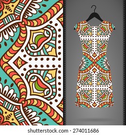 Dress with seamless pattern. Vintage decorative elements. Hand drawn background. Islam, Arabic, Indian, ottoman motifs. Perfect for printing on fabric or paper.
