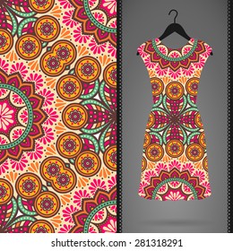 Dress with seamless pattern. Vintage decorative elements. Hand drawn background. Islam, Arabic, Indian, ottoman motifs. Perfect for printing on fabric or paper.