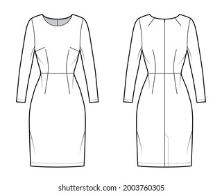 Dress sheath technical fashion illustration with long sleeves, natural waistline, fitted body, knee length pencil skirt. Flat apparel front, back, white color style. Women, men unisex CAD mockup