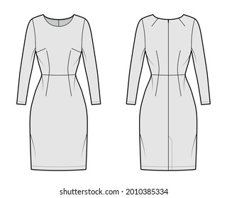 Dress sheath technical fashion illustration with long sleeves, natural waistline, fitted body, knee length pencil skirt. Flat apparel front, back, grey color style. Women, men unisex CAD mockup