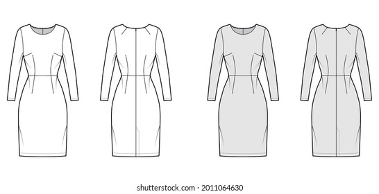 Dress sheath technical fashion illustration with long sleeves, natural waistline, fitted body, knee length pencil skirt. Flat apparel front, back, white, grey color style. Women, men unisex CAD mockup