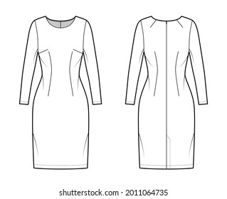 Dress sheath technical fashion illustration with long sleeves, fitted body, knee length pencil skirt. Flat apparel front, back, white color style. Women, men unisex CAD mockup