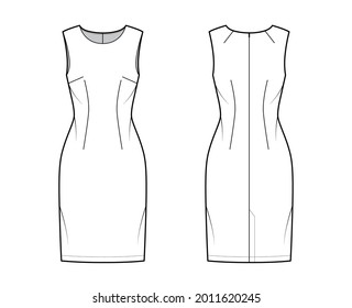 Ilustración de moda técnica de vaina de vaina con cuerpo sin mangas, montado, falda de lápiz de rodilla. Delantero de ropa plana, espalda, color blanco. Mujeres, hombres unisex CAD mockup