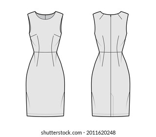 Dress sheath technical fashion illustration with sleeveless, natural waistline, fitted body, knee length pencil skirt. Flat apparel front, back, grey color style. Women, men unisex CAD mockup