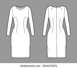 Dress sheath technical fashion illustration with long sleeves, fitted body, knee length pencil skirt. Flat apparel front, back, white color style. Women, men unisex CAD mockup