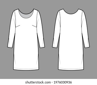 Dress shift chemise technical fashion illustration with long sleeves, oversized body, knee length pencil skirt. Flat apparel front, back, white color style. Women, men unisex CAD mockup