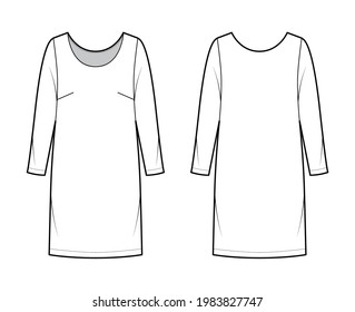 Dress shift chemise technical fashion illustration with long sleeves, oversized body, knee length pencil skirt. Flat apparel front, back, white color style. Women, men unisex CAD mockup