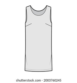 Dress shift chemise technical fashion illustration with sleeveless, oversized body, knee length pencil skirt. Flat apparel front, grey color style. Women, men unisex CAD mockup