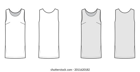 Dress shift chemise technical fashion illustration with sleeveless, oversized body, knee length pencil skirt. Flat apparel front, back, white, grey color style. Women, men unisex CAD mockup