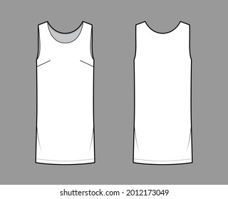 Dress shift chemise technical fashion illustration with sleeveless, oversized body, knee length pencil skirt. Flat apparel front, back, white color style. Women, men unisex CAD mockup