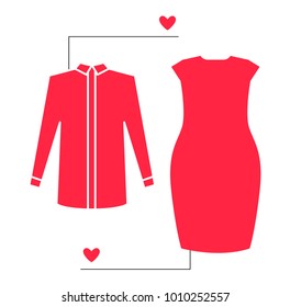 Dress and shirt fashion infographic icons with cursors and likes. Vector red color clothes shopping layout.