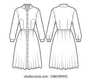 Dress shirt technical fashion illustration with long sleeves, camp collar, fitted body, knee length full skirt, button closure. Flat apparel front, back, white color style. Women men unisex CAD mockup