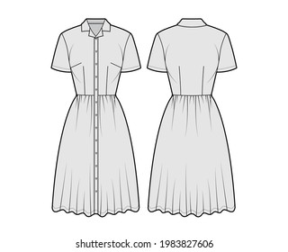 Dress shirt technical fashion illustration with short sleeves, camp collar, fitted body, knee length full skirt, button closure. Flat apparel front, back grey color style. Women, men unisex CAD mockup