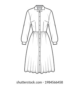 Dress shirt technical fashion illustration with long sleeves, camp collar, fitted body, knee length full skirt, button closure. Flat apparel front, white color style. Women, men unisex CAD mockup