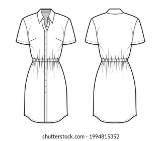 Dress shirt technical fashion illustration with gathered waist, short sleeves,, knee length pencil skirt, classic collar, button closure. Flat apparel front, back, white color. Women, men CAD mockup