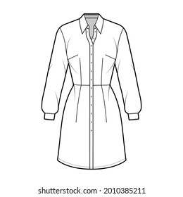 Dress shirt technical fashion illustration with long sleeves, fitted body, knee length pencil skirt, classic collar, button closure. Flat apparel front, white color style. Women, men unisex CAD mockup