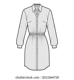 Dress shirt technical fashion illustration with gathered waist, long sleeves, fitted, pencil skirt, classic collar, button closure. Flat apparel front, grey color style. Women, men unisex CAD mockup