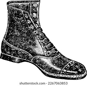 Dress Shoe Boot Illustration Engraving Halftone Drawing Profile Sketch, Illustration drawn in engraved etching style with halftones and linework. Antique shoe from early 1900s. Retro sketch.