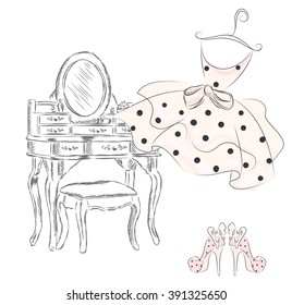 Dress shoes and a dressing table. Vector illustration. Vintage postcard.