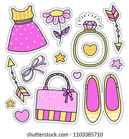 Dress, shoes, ring, bow, bag, daisy, arrow, star, heart. Set of cartoon stickers, patches, badges, pins, prints for girls. Doodle style. Vector illustration.