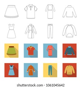 Dress with short sleeves, trousers, coats, raglan.Clothing set collection icons in outline,flet style vector symbol stock illustration web.