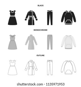 Dress with short sleeves, trousers, coats, raglan.Clothing set collection icons in black,monochrome,outline style vector symbol stock illustration web.