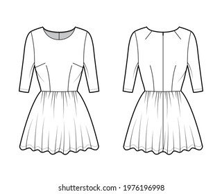 Dress short technical fashion illustration with elbow sleeve, fitted body, mini length full skirt. Flat apparel front, back, white color style. Women, men unisex CAD mockup