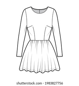 Dress short technical fashion illustration with long sleeve, fitted body, mini length full skirt. Flat apparel front, white color style. Women, men unisex CAD mockup