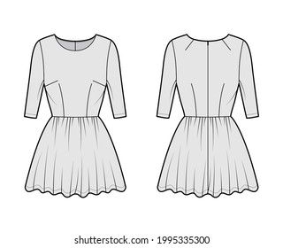 Dress short technical fashion illustration with elbow sleeve, fitted body, mini length full skirt. Flat apparel front, back, grey color style. Women, men unisex CAD mockup