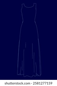 A dress is shown in a blue color. The dress is long and has a slim silhouette. The dress is designed to be elegant and sophisticated