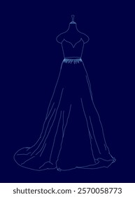 Dress is shown in blue with a trim. The dress is long and flowing, with a belt. The dress is designed for a wedding or formal event