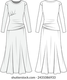 Vestido de mujer con abertura lateral, ajuste del cuerpo, vista frontal y posterior ilustración vectorial de moda, CAD, dibujo técnico, dibujo plano.