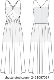 Vestido de mujer con abertura lateral, ajuste del cuerpo, vista frontal y posterior ilustración vectorial de moda, CAD, dibujo técnico, dibujo plano.